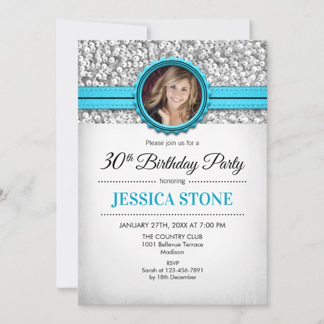 30th Birthday Photo - Silver White Aqua Blue Invitation (Front)