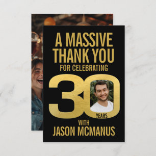 30th birthday photo thanks black and gold thank you card