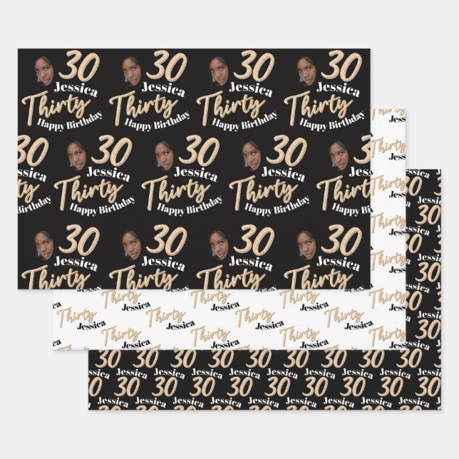 30th birthday photos gold black and white wrapping wrapping paper sheet (Set)