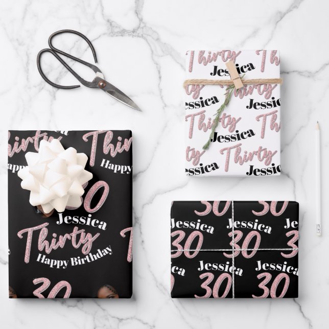 30th birthday photos pink black and white wrapping paper sheet (Front)