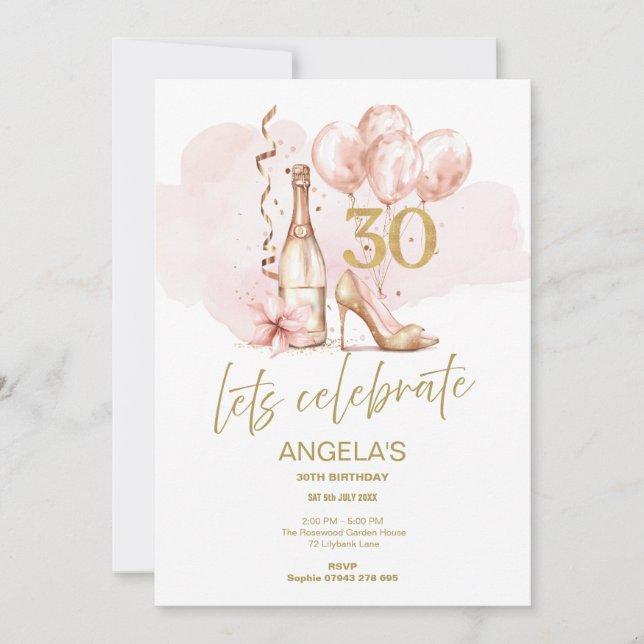 30th Birthday Pink and Gold, Champagne & Heels Invitation (Front)