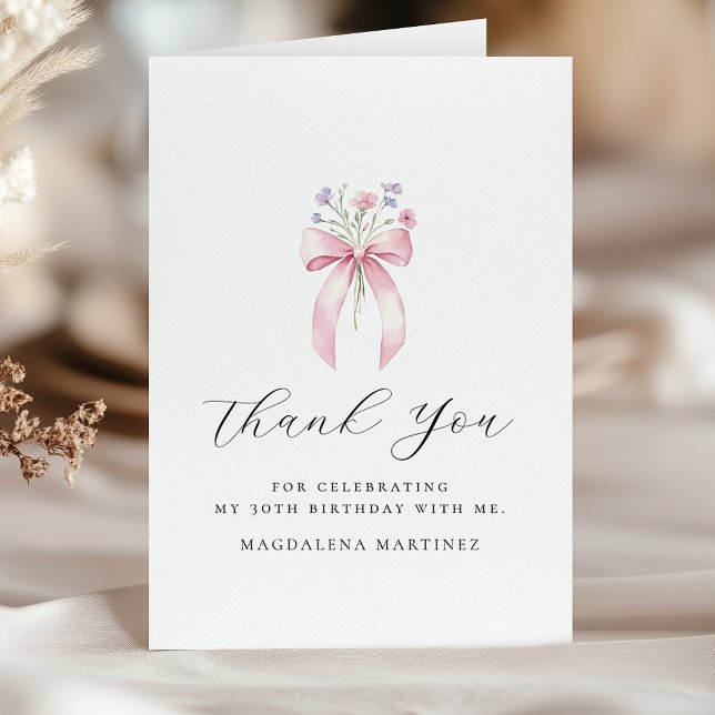 30th Birthday Pink Bow Wildflower Folded Thank You Card (Creator Uploaded)
