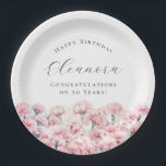30th Birthday Pink Carnation January Birth Flower Paper Plate<br><div class="desc">Perfect table decor for a January birthday party. Carnation is the birth flower for that month. It forms a pretty watercolor floral bottom border on this pretty personalized paper plate. The birthday celebrant's name,  age and birthdate are placed above it using elegant calligraphy and typography. All text is editable.</div>