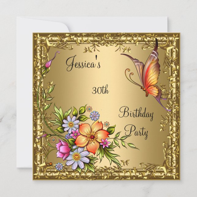 30th Birthday Pink Floral Butterfly Bronze Gold Invitation (Front)