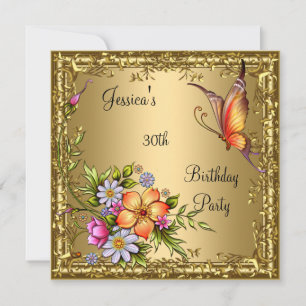 30th Birthday Pink Floral Butterfly Bronze Gold Invitation