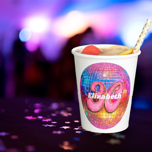 30th Birthday Pink Glitter Groovy 70s Disco Ball Paper Cups (Creator Uploaded)