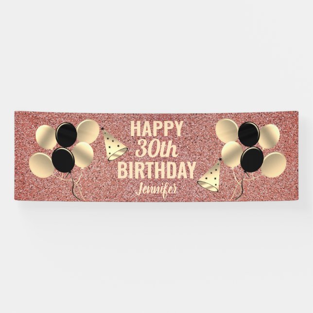 30th Birthday Pink Gold Glitter Personalised Party Banner (Horizontal)