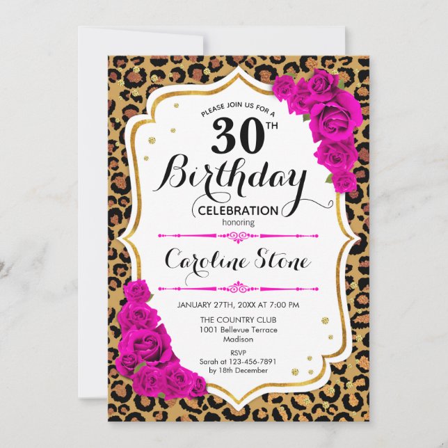 30th Birthday - Pink Gold Leopard Print Invitation (Front)