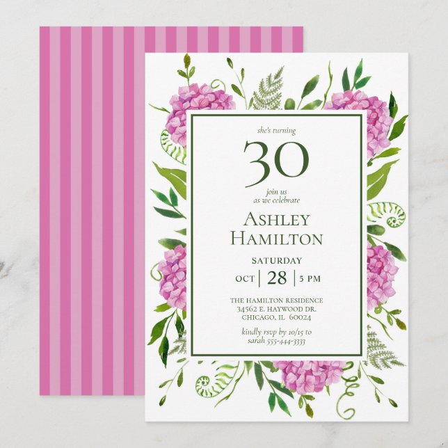 30th Birthday Pink Hydrangeas Invitation (Front/Back)