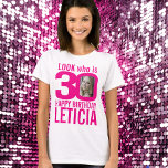30th birthday pink look 30 custom photo and name T-Shirt<br><div class="desc">30th birthday pink on white, look who is 30 custom photo and name t-shirt. Fun 30th personalised photo hot pink and white birthday tee design. Personalise this birthday shirt with a photograph of the birthday girl in the middle of the number 0. Great idea for adding some fun to a...</div>