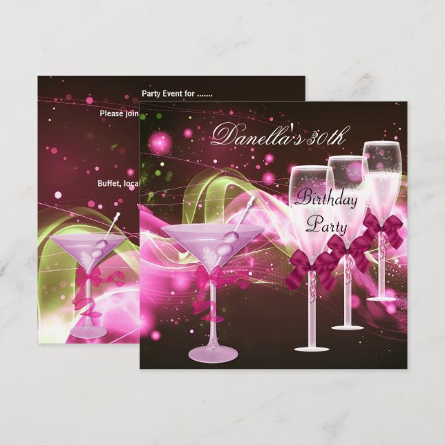 30th Birthday Pink Martini Champagne Invitation (Front/Back)