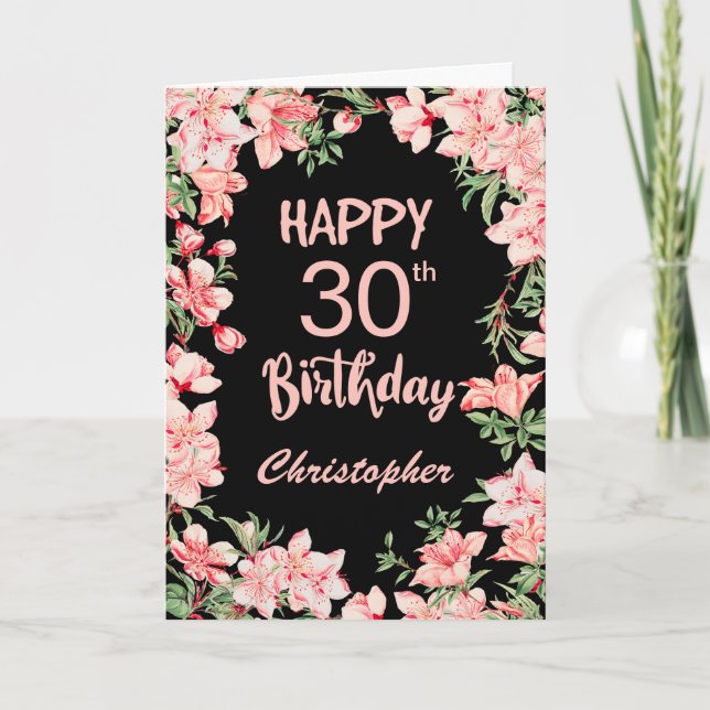 30th Birthday Pink Peach Watercolor Floral Black Card (Front)