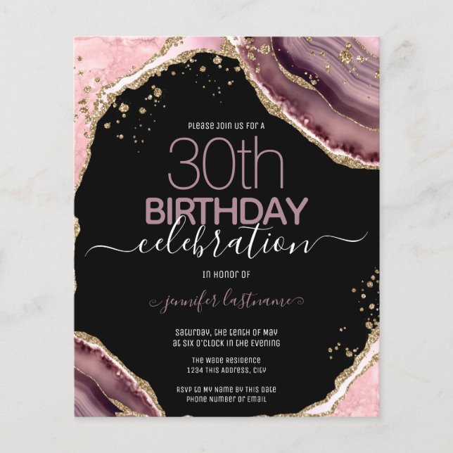 30th Birthday Pink Purple Agate Budget Invitation (Front)