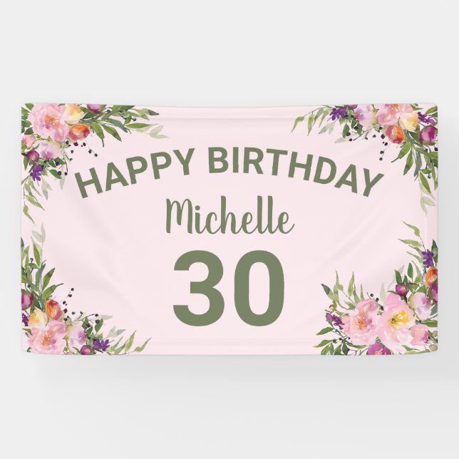 30th Birthday Pink Purple Watercolor Floral Banner (Horizontal)