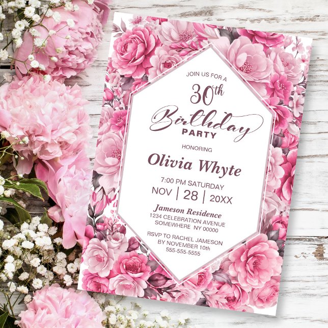 30th Birthday Pink Rose Floral Party Invitation (Creator Uploaded)