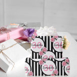 30th birthday pink roses black white stripes name wrapping paper<br><div class="desc">Classic slim black and white vertical stripes as background. With girly, feminine and romantic pink roses as decoration. Perfect for an elegant 30th birthday party for her. White and black frames with templates for name and age. Age number 30 in pink, name and date in black. The name is written...</div>