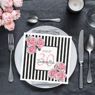 30th birthday pink roses black white stripes napkin