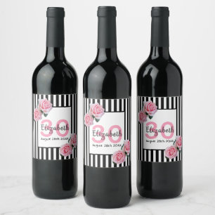 30th birthday pink roses black white stripes wine label