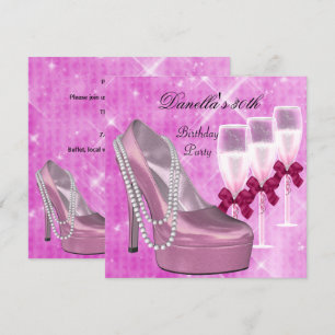 30th Birthday Pink Shoes Hi Heels Champagne 2 Invitation