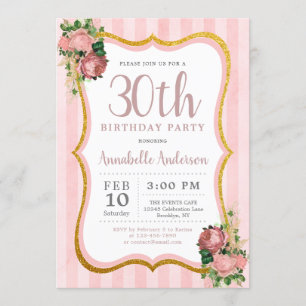 30th Birthday Pink Stripe Floral Gold Glitter Chic Invitation