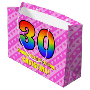 30th Birthday: Pink Stripes & Hearts, Rainbow # 30 Large Gift Bag