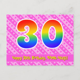 30th Birthday: Pink Stripes & Hearts, Rainbow 30 Postcard
