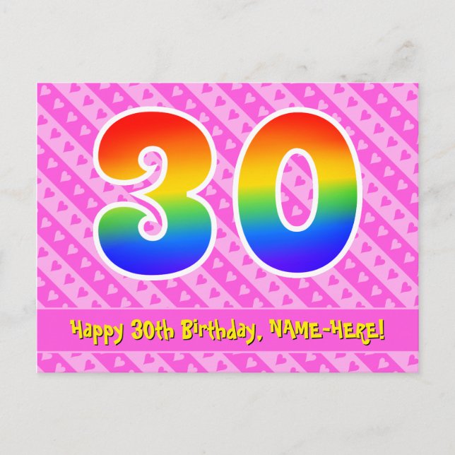 30th Birthday: Pink Stripes & Hearts, Rainbow 30 Postcard (Front)