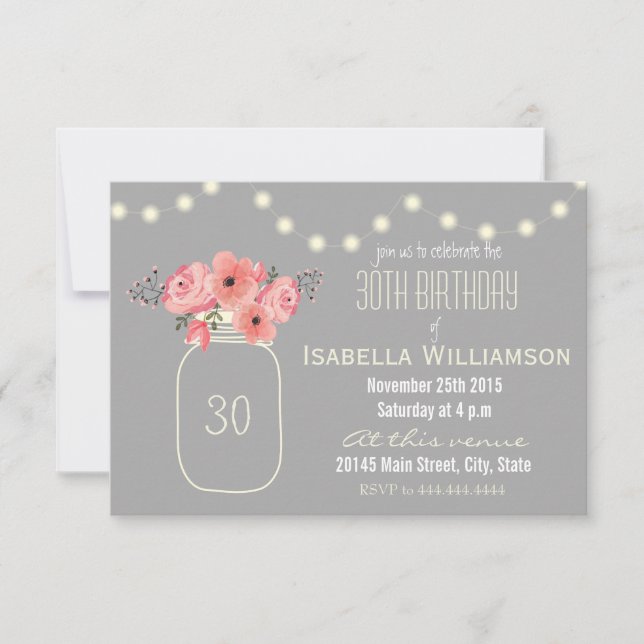 30th Birthday Pink Watercolor Flowers & Mason Jar Invitation (Front)