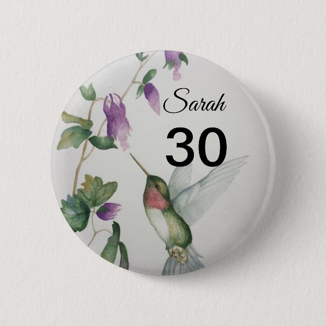 30th Birthday Pretty Bird Garden Flowers Button (Front)