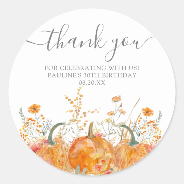 30th Birthday Pumpkin Wildflower Custom Thank You Classic Round Sticker (Front)