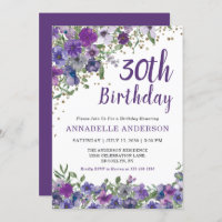30th Birthday Purple Floral Gold Confetti Dots