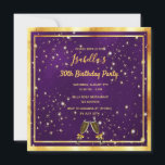 30th birthday purple gold bubbles monogram invitation<br><div class="desc">A trendy,  modern 30th birthday party invitation card for a woman.  A classic purple background,  with faux gold frame and champagne flutes,  glass and bubbles,  golden coloured letters. The Purple colour is uneven.Templates for your party information.
Back: Purple and bubbles</div>