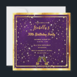 30th birthday purple gold bubbles monogram invitation<br><div class="desc">A trendy,  modern 30th birthday party invitation card for a woman.  A classic purple background,  with faux gold frame and champagne flutes,  glass and bubbles,  golden coloured letters. The Purple colour is uneven.Templates for your party information.
Back: Purple and bubbles</div>