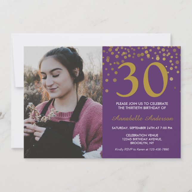 30th Birthday Purple Gold Confetti Photo Modern Invitation (Front)