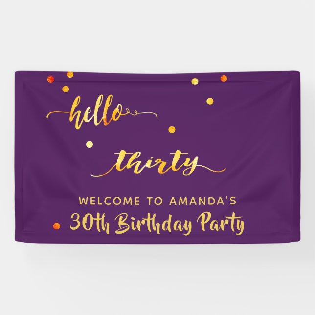 30th birthday purple gold hello 30 name script banner (Horizontal)