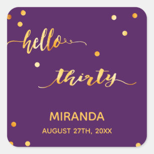 30th birthday purple gold hello 30 name script square sticker