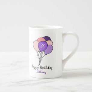 30th birthday purple & pink bunch of balloons bone china mug