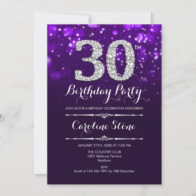 30th Birthday - Purple Silver Invitation (Front)