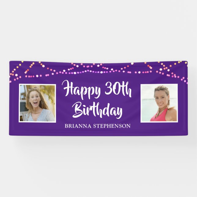 30th Birthday Purple String Lights Photo Name Banner (Horizontal)