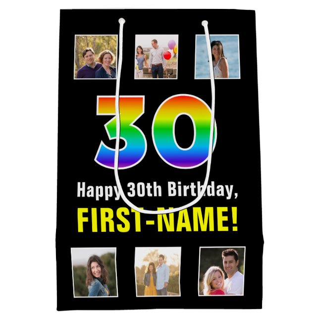 30th Birthday: Rainbow “30“, Custom Photos & Name Medium Gift Bag (Back)