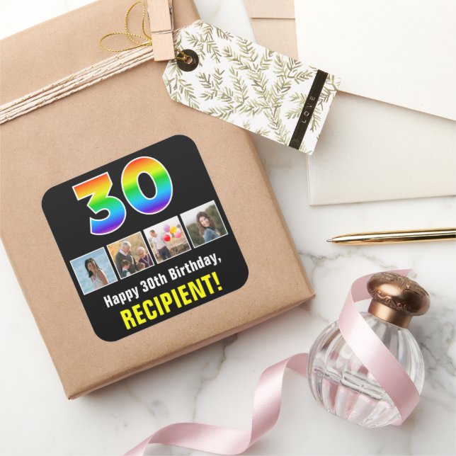 30th Birthday: Rainbow “30”; Custom Photos & Name Square Sticker (Gifting)