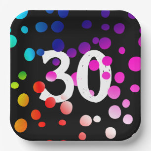 30th Birthday Rainbow Dots on Black  Paper Plate