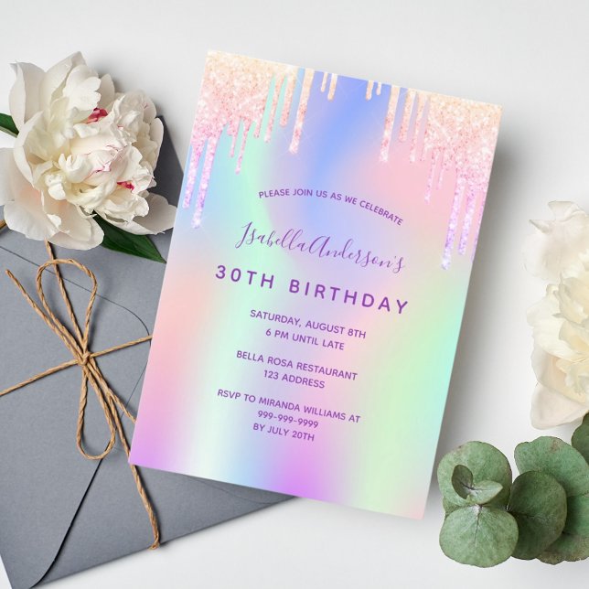 30th birthday rainbow glitter pink rose gold invitation (Creator Uploaded)