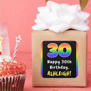 30th Birthday: Rainbow Spectrum # 30, Custom Name Square Sticker