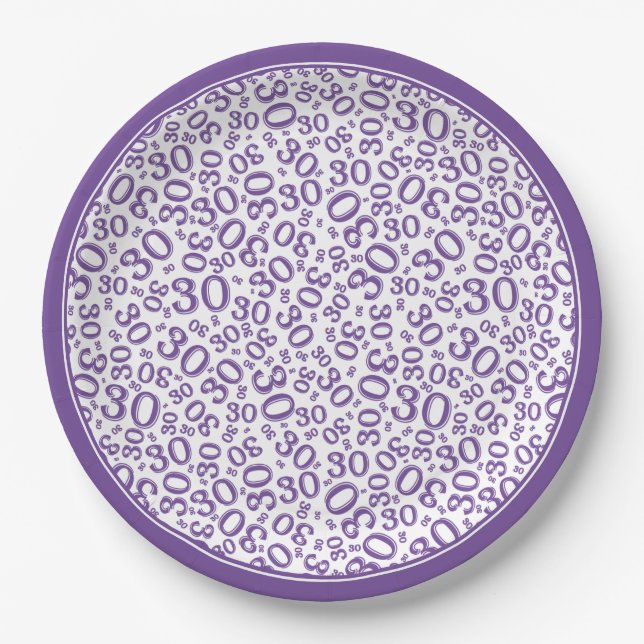 30th Birthday Random Number Pattern Black/White Paper Plate (Front)