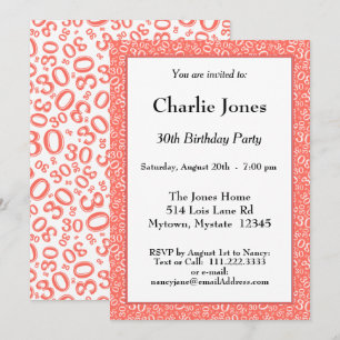 30th Birthday Random Number Pattern Coral/White Invitation