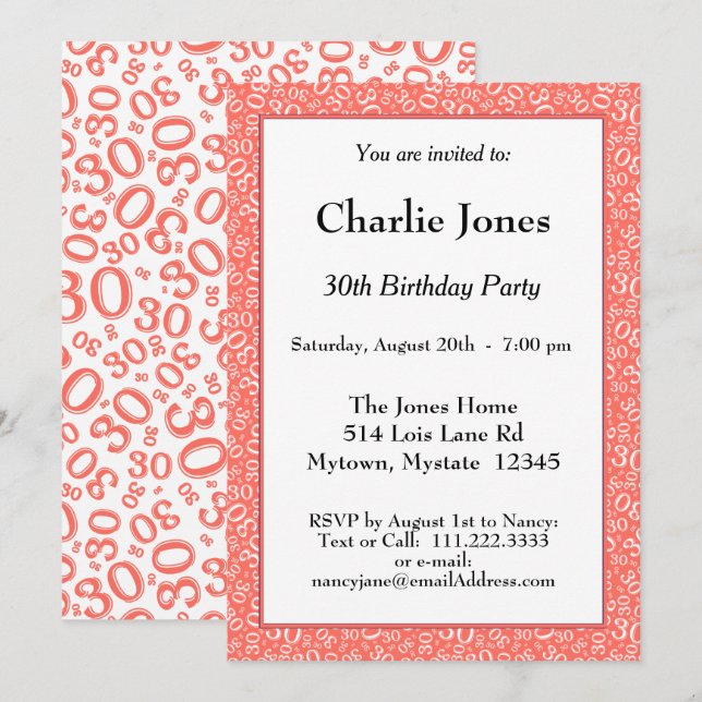 30th Birthday Random Number Pattern Coral/White Invitation (Front/Back)