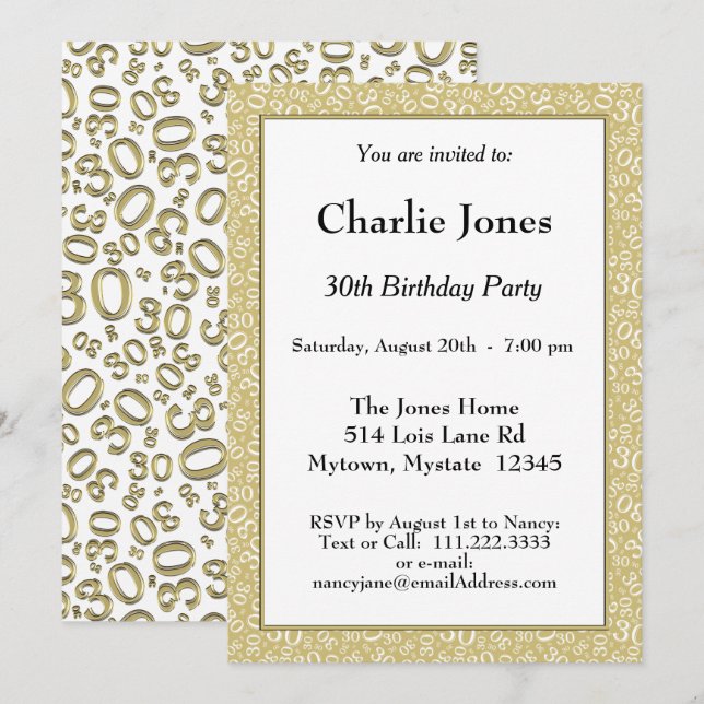 30th Birthday Random Number Pattern Gold/White Invitation (Front/Back)