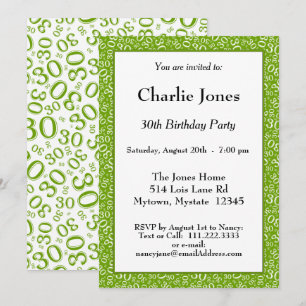 30th Birthday Random Number Pattern Green/White Invitation