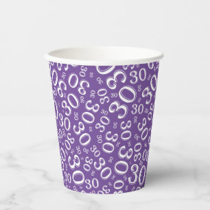 30th Birthday Random Number Pattern Purple/White Paper Cups